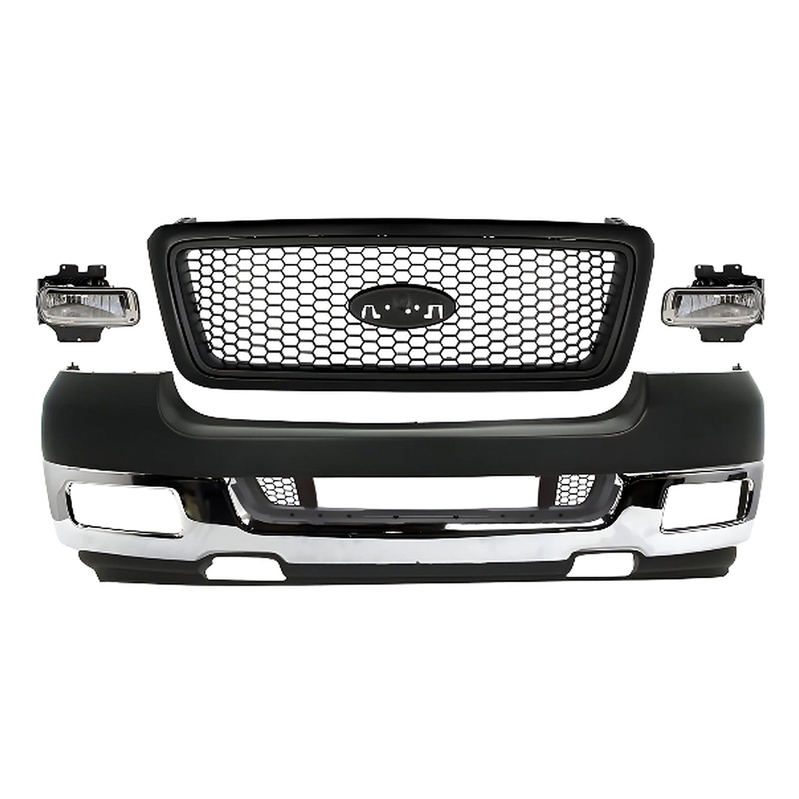 Replacement 2004–2005 Ford F-150 – 9-Piece Kit Front Bumper Chrome & Fog Lights Assembly, OEM Fit, Includes Grille, Fog Lights, Bumper Upper Cover, Bumper Grilles, Grille Trim, Bumper Face Bar & Lower Valance