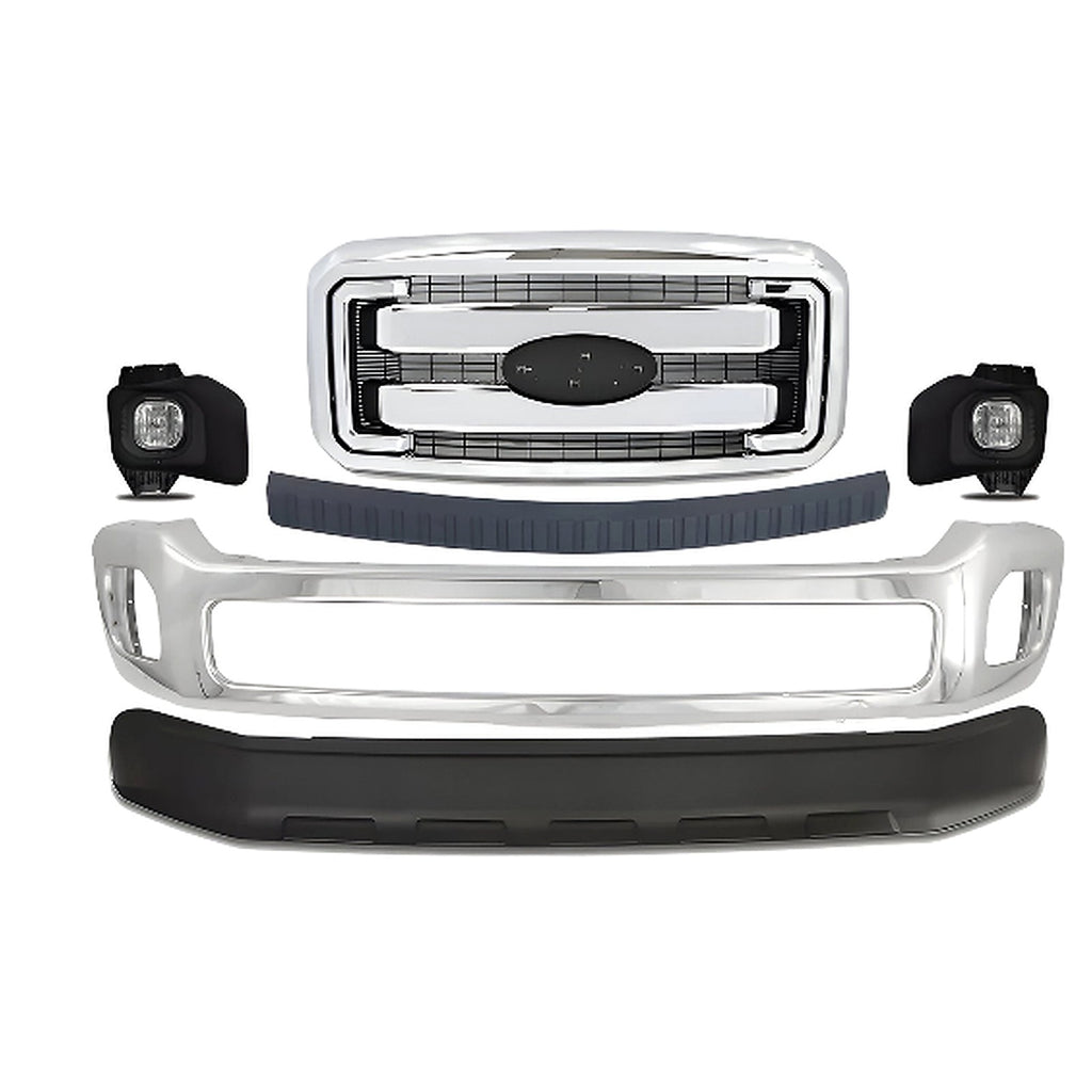 Replacement 2011–2016 Ford F-250/F-350 Super Duty – 6-Piece Kit Front Bumper Chrome & Grille Assembly, OEM Fit, Includes Grille, Bumper Trim, Fog Lights, Bumper Face Bar & Lower Valance