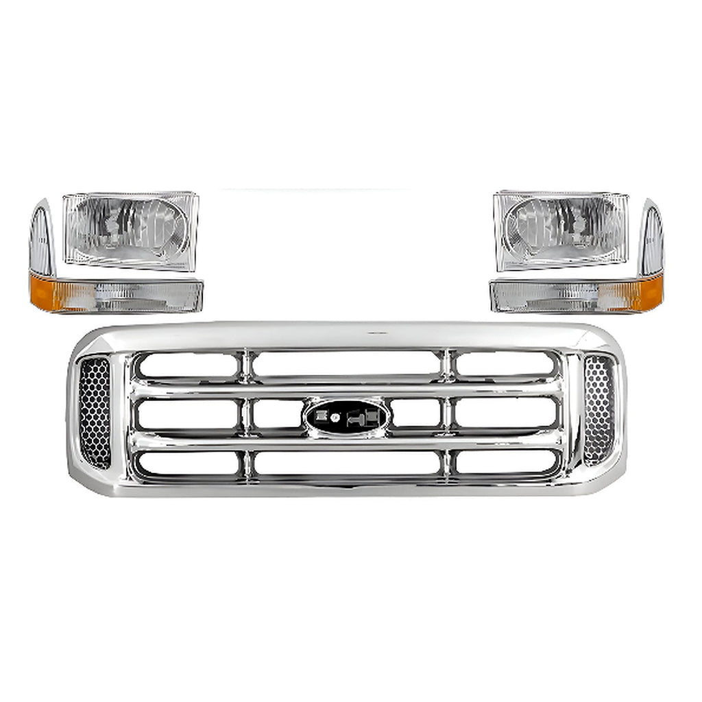 1999-2004 Ford F-250 Super Duty & F-350 Front Grille Chrome & Headlight Kit | OEM Fit