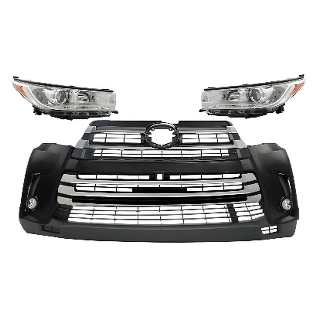 2017-2019 Toyota Highlander Front Bumper Cover Fascia Primed & Headlights Assembly Kit  | OEM Fit