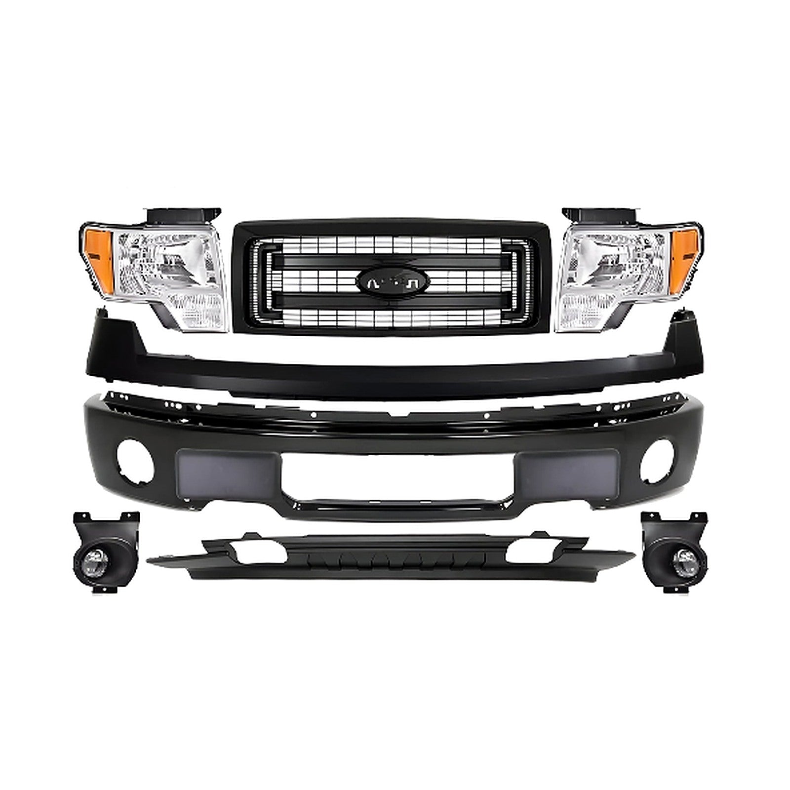 Kit Replacement 2009–2014 Ford F-150 Front Bumper & Grille Assembly Kit, Paintable/Primed, OEM Fit, Includes Bumper, Grille, Headlights, Trims, Valance & Fog Lights Kit