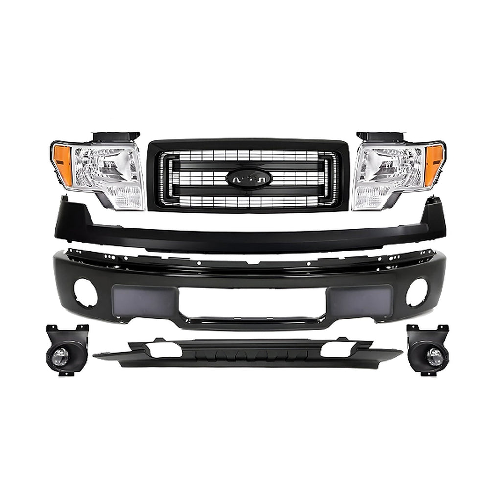 Kit Replacement 2009–2014 Ford F-150 Front Bumper & Grille Assembly Kit, Paintable/Primed, OEM Fit, Includes Bumper, Grille, Headlights, Trims, Valance & Fog Lights Kit