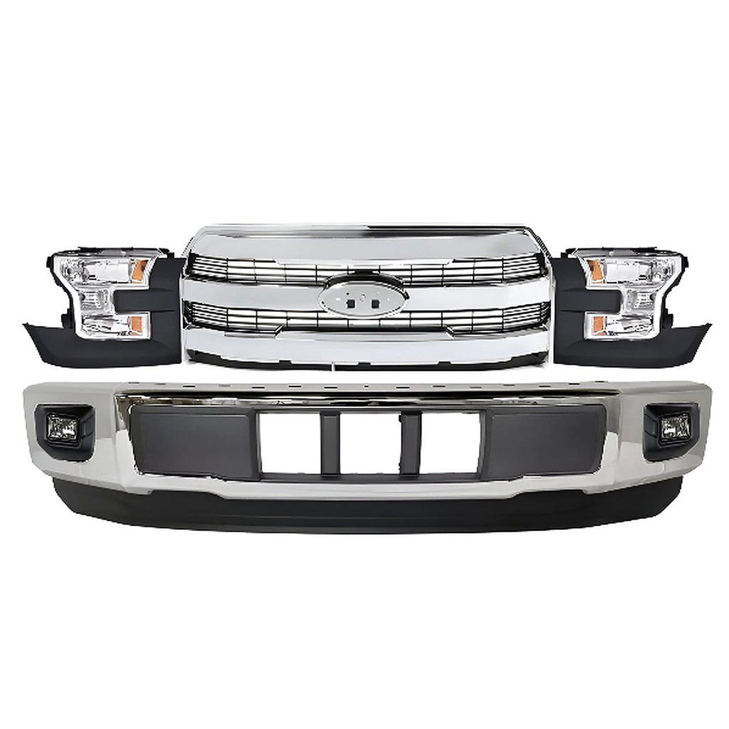 Kit 4Replacement 2015–2017 Ford F-150 Front Bumper & Headlights Assembly Kit, Chrome Finish, OEM Fit