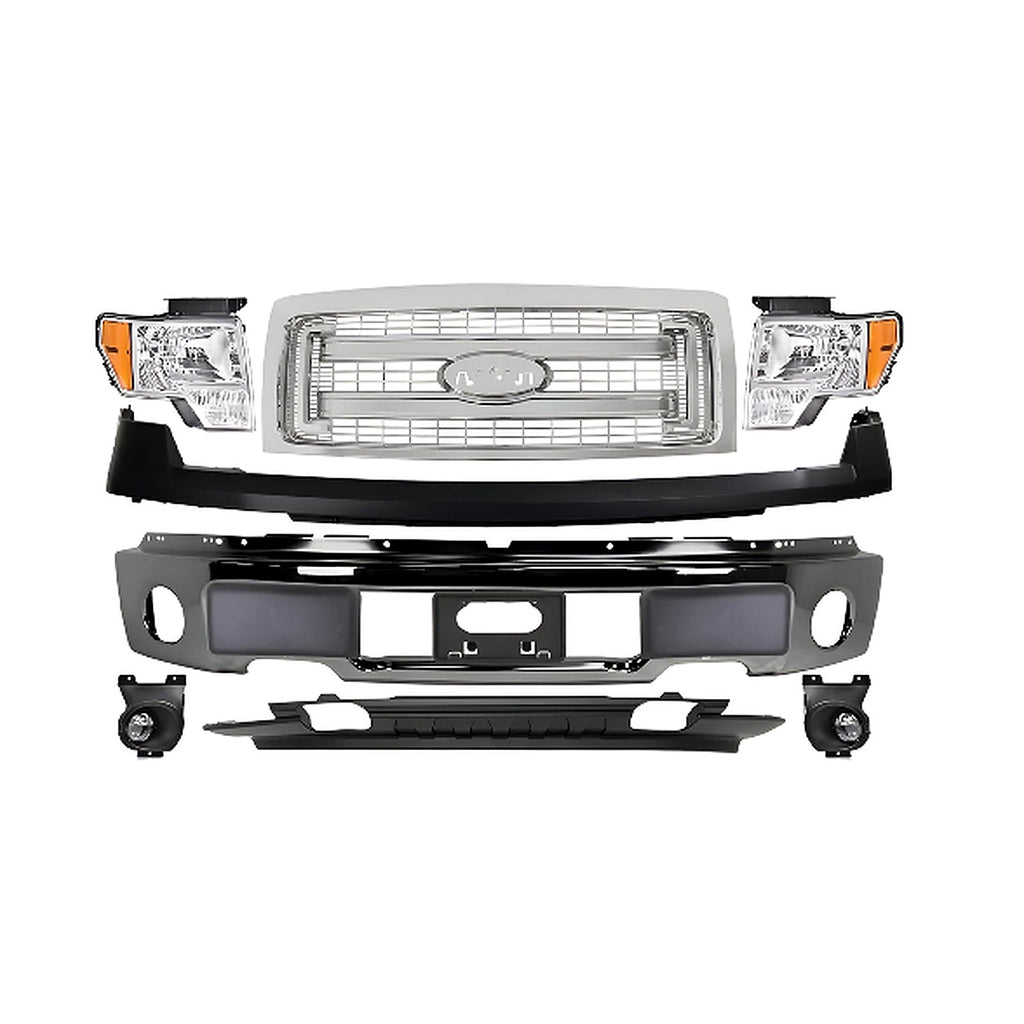 2009-2014 Ford F-150 Front Bumper Chrome Steel & Headlights Assembly Kit | OEM Fit
