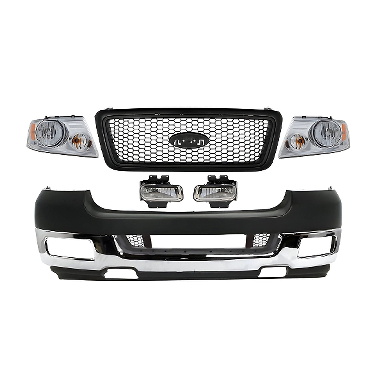 Kit Replacement 2004–2005 Ford F-150 – 11-Piece Kit Front Bumper Chrome & Headlights Assembly, OEM Fit, Includes Grille, Headlights, Fog Lights, Bumper Cover, Grilles, Trim, Face Bar & Valance Kit