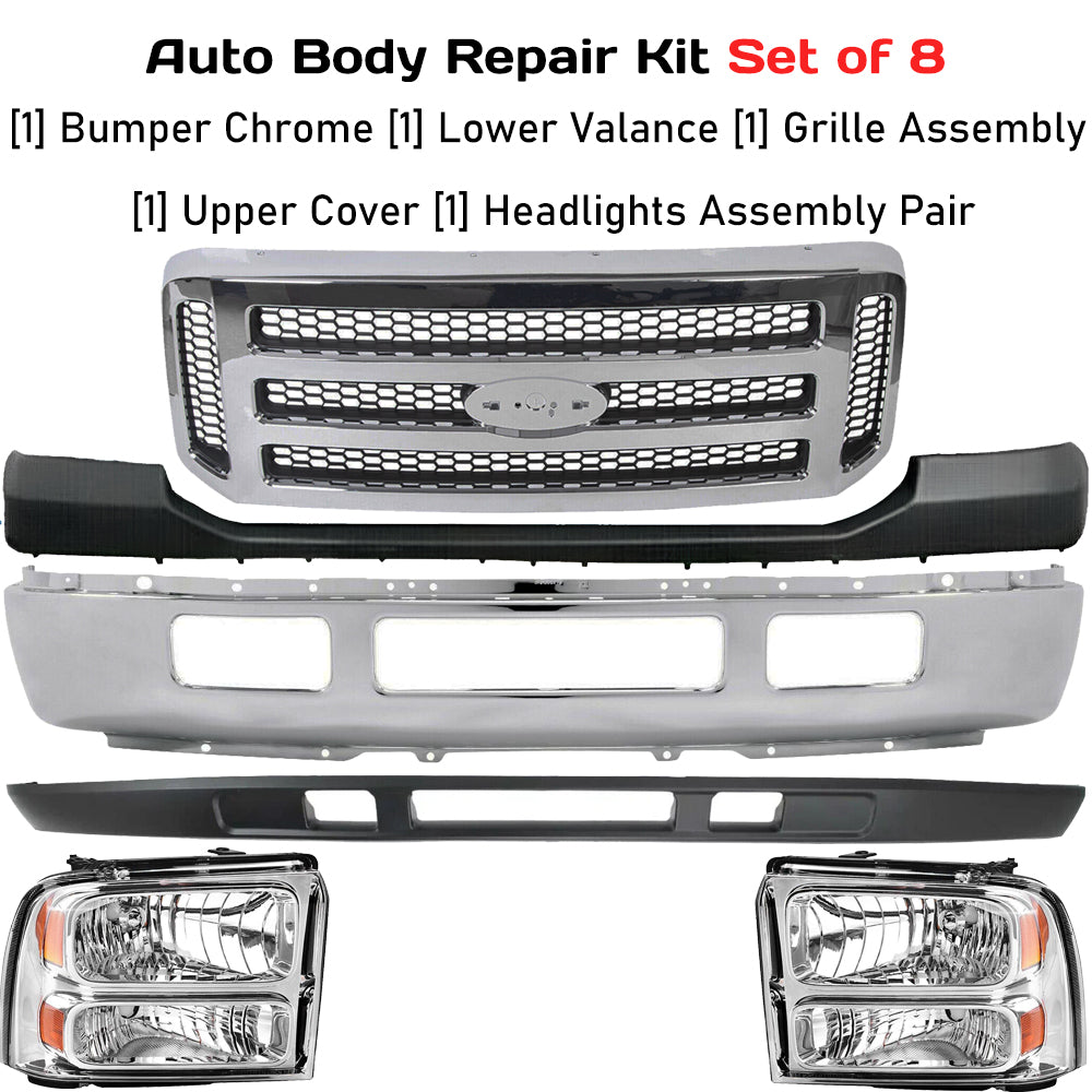 Kit Replacement 2005–2007 Ford F-250/F-350 Super Duty – 8-Piece Kit Front Chrome Bumper with Valance & Grille Assembly, OEM Fit, Includes Bumper, Lower Valance, Grille Assembly, Upper Cover & Headlights (Pair)