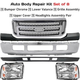 Replacement 2005–2007 Ford F-250/F-350 Super Duty – 8-Piece Kit Front Chrome Bumper with Valance & Grille Assembly, OEM Fit, Includes Bumper, Lower Valance, Grille Assembly, Upper Cover & Headlights (Pair)