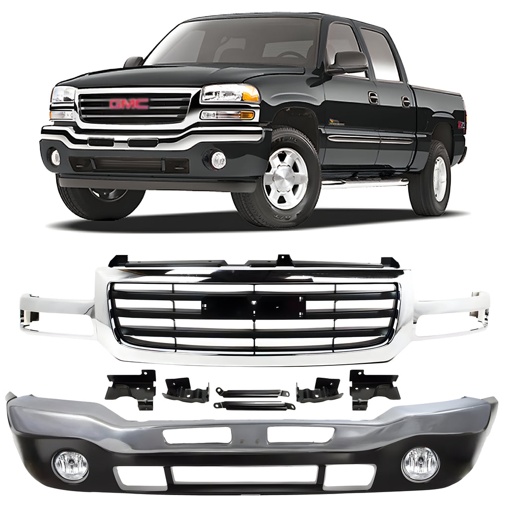 Front Bumper Chrome & Fog Lights Kit For 2003-2007 GMC Sierra 1500 2500 HD 3500