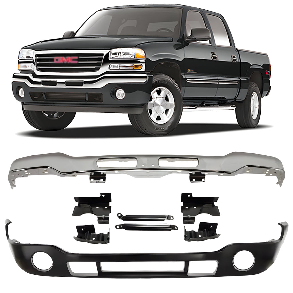 Front Bumper Chrome & Bumper Brackets Kit For 2003-2007 GMC Sierra 1500 2500 HD 3500