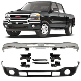 2003-2007 GMC Sierra 1500 2500 HD 3500 Front Bumper Chrome & Bumper Brackets Kit | OEM Fit