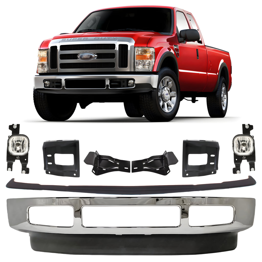 Front Bumper Chrome & Bumper Brackets Kit For 2008-2010 Ford F-250 Super Duty & F-350 Super Duty