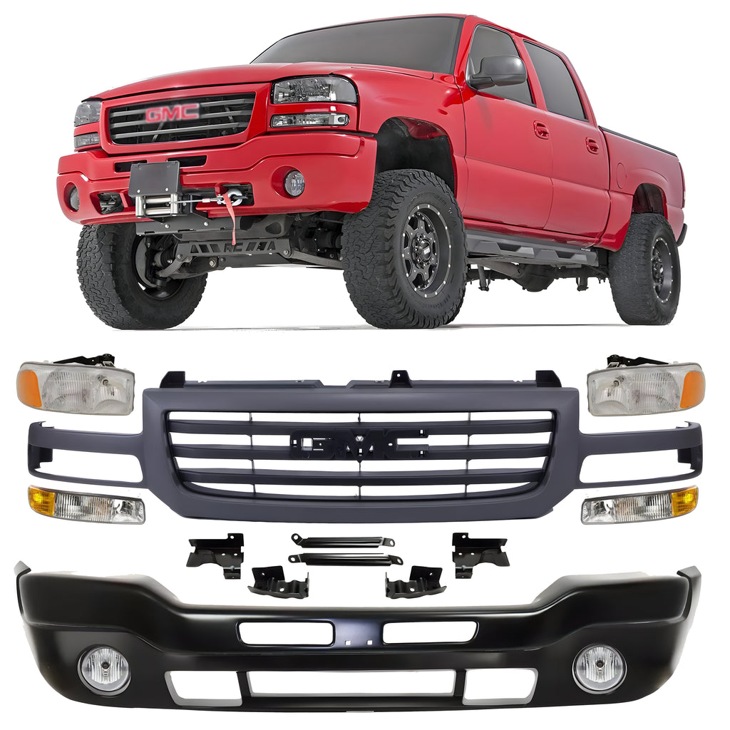 Front Bumper Primed & Headlight Kit For 2003-2007 GMC Sierra 1500 2500 HD & 3500