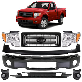 Replacement 2009–2014 Ford F-150 Front Bumper & Grille Assembly Kit, Paintable/Primed, OEM Fit, Includes Bumper, Grille, Headlights, Trims, Valance & Fog Lights