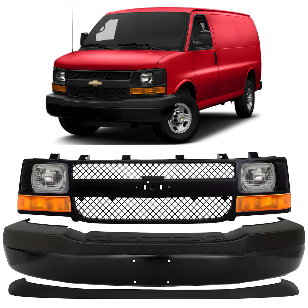 Front Bumper Primed & Headlights Assembly Kit For 2003-2023 Chevrolet Express 1500 2500 3500 4500