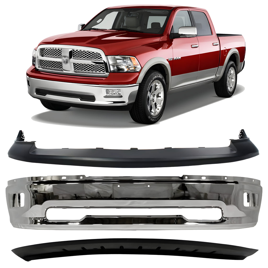 Front Bumper Chrome & Bumper Cover Kit For 2009-2010 Dodge Ram 1500 & 2011-2012 Ram 1500