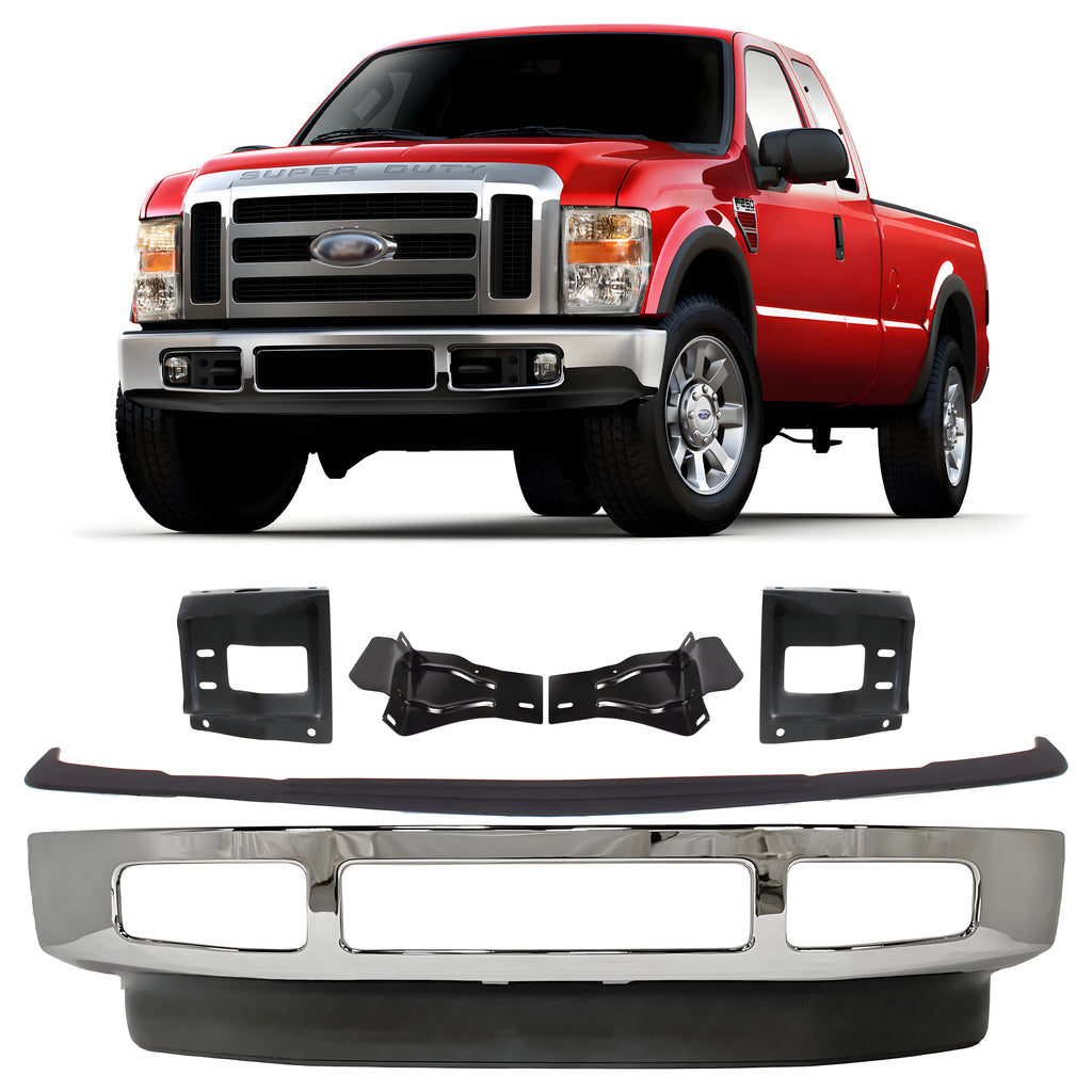 Front Bumper Chrome & Bumper Brackets Kit For 2008-2010 Ford F-250 Super Duty & F-350 Super Duty