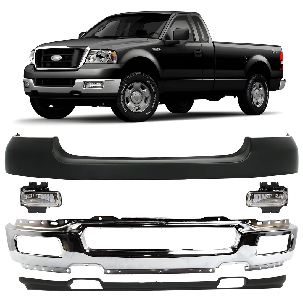 Front Bumper Face Bar Chrome & Fog Lights Assembly Kit For 2004-2005 Ford F-150 Truck