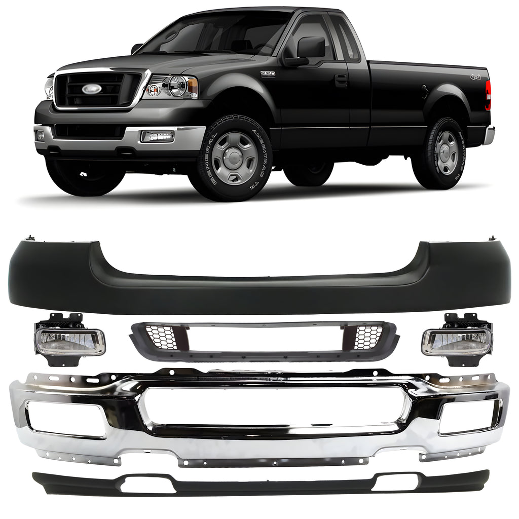 Front Bumper Chrome Steel & Fog Lights Assembly Kit For 2004-2005 Ford F-150 Truck