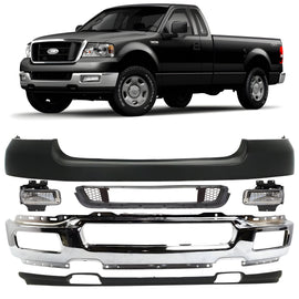 Replacement 2004–2005 Ford F-150 – 8-Piece Kit Front Bumper Chrome Steel & Fog Lights Assembly, OEM Fit, Includes Bumper Upper Cover, Bumper Grilles, Grille Trim, Fog Lights, Bumper Face Bar & Lower Valance