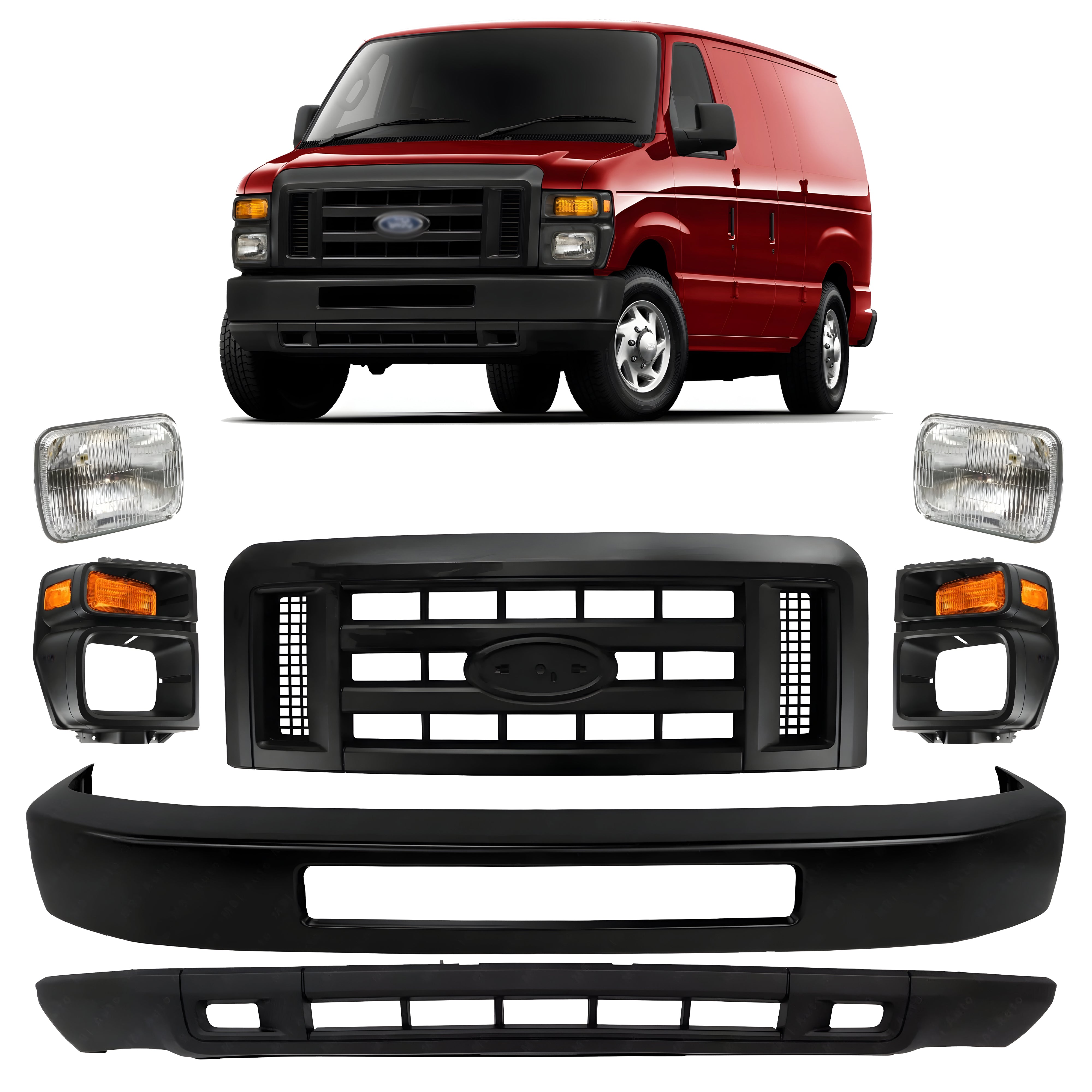 2008-2019 Ford E-150 E-250 & E-350 E-450 Super Duty Front Bumper Primed & Headlights Assembly Kit | OEM Fit
