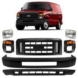 2008-2019 Ford E-150 E-250 & E-350 E-450 Super Duty Front Bumper Primed & Headlights Assembly Kit | OEM Fit
