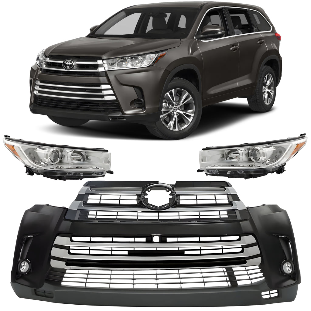 Front Bumper Cover Fascia Primed & Headlights Assembly Kit For 2017-2019 Toyota Highlander