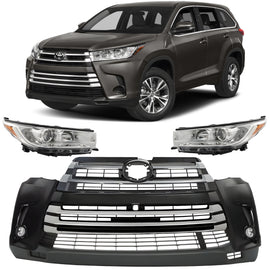 2017-2019 Toyota Highlander Front Bumper Cover Fascia Primed & Headlights Assembly Kit  | OEM Fit