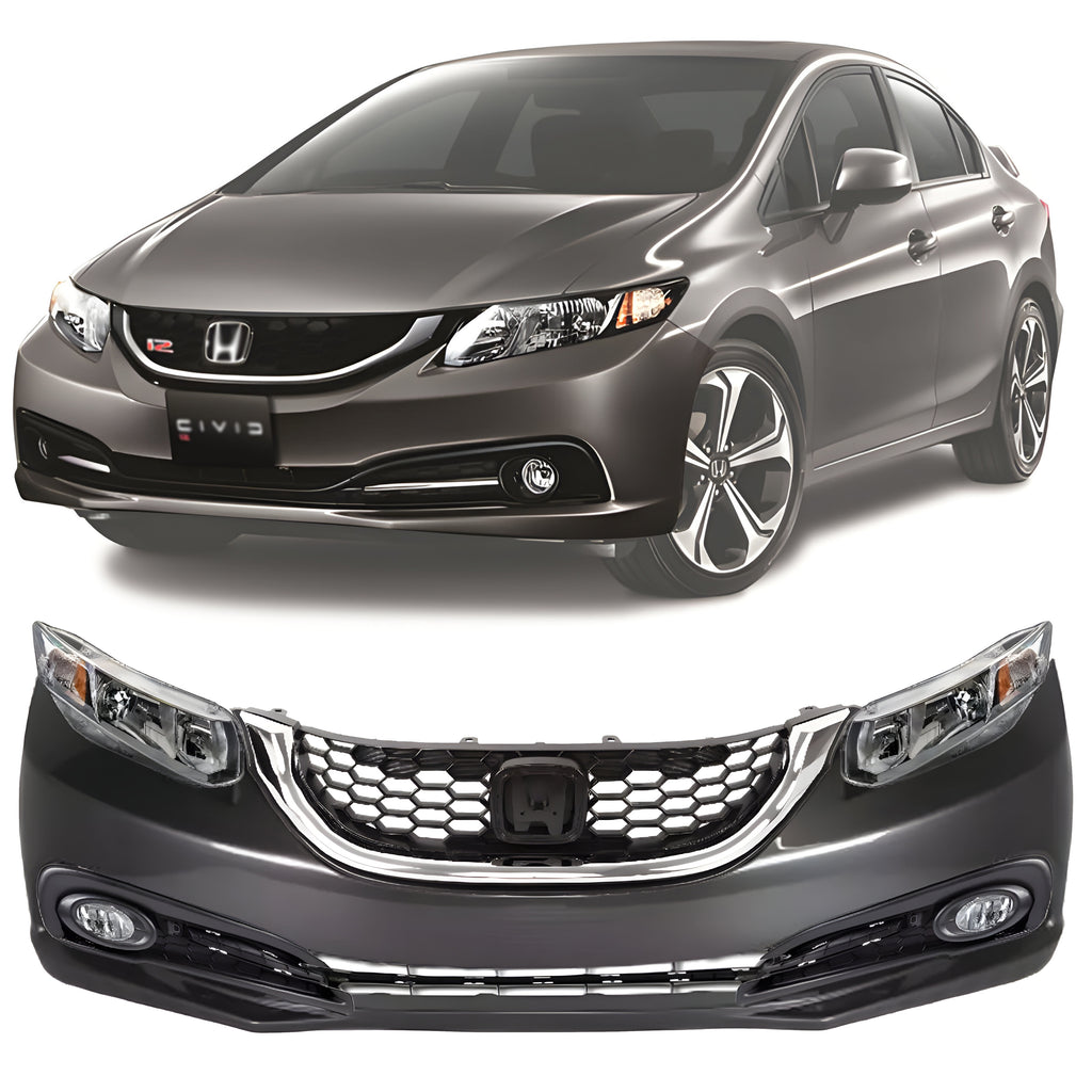 Front Bumper Cover Primed & Headlight Assembly Kit For 2013-2015 Honda Civic