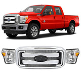 Front Grille Assembly & Headlights Assembly Kit For 2011-2016 Ford F-250 Super Duty and 350