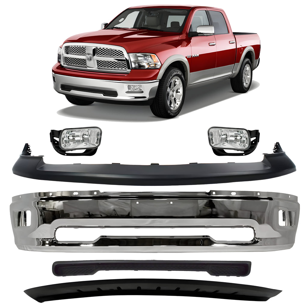 Front Bumper Chrome & Fog Lights Kit For 2009-2010 Dodge Ram 1500 & 2011-2012 Ram 1500