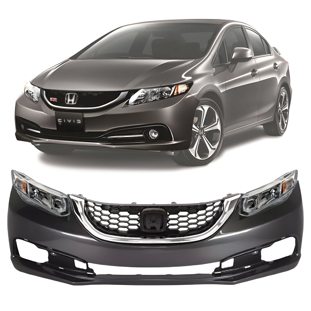 Front Bumper Cover Fascia Primed & Grille Assembly Kit For 2013-2015 Honda Civic