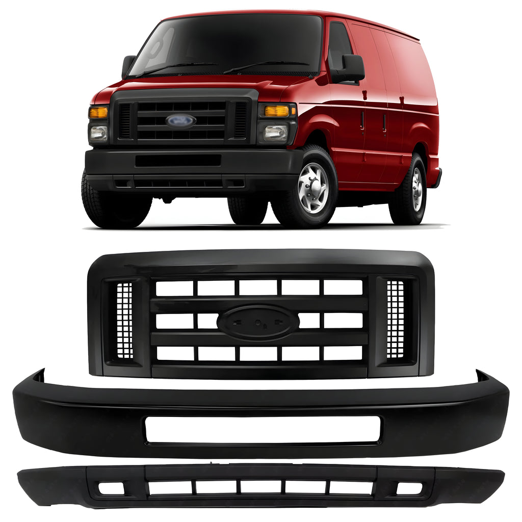 Front Bumper Primed & Grille Assembly Kit For 2008-2019 Ford E-150 E-250 & E-350 E-450 Super Duty