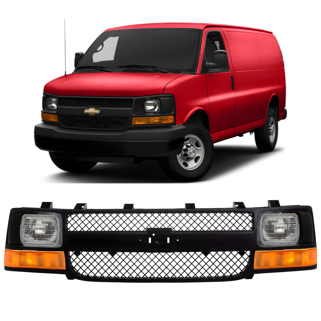 Front Grille Assembly & Headlight Kit For 2003-2017 Chevrolet Express 1500 2500 3500 4500