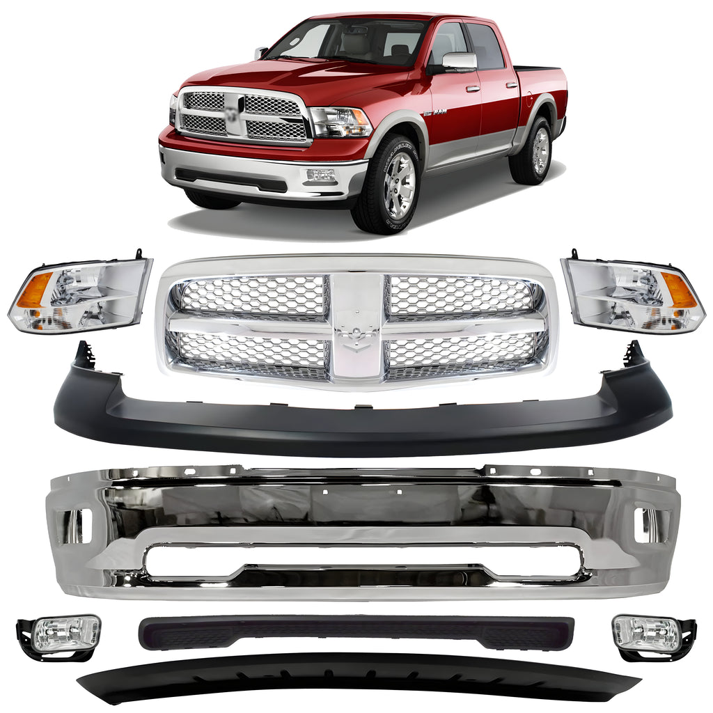 Front Bumper Chrome & Headlights Kit For 2009-2010 Dodge Ram 1500 & 2011-2012 Ram 1500