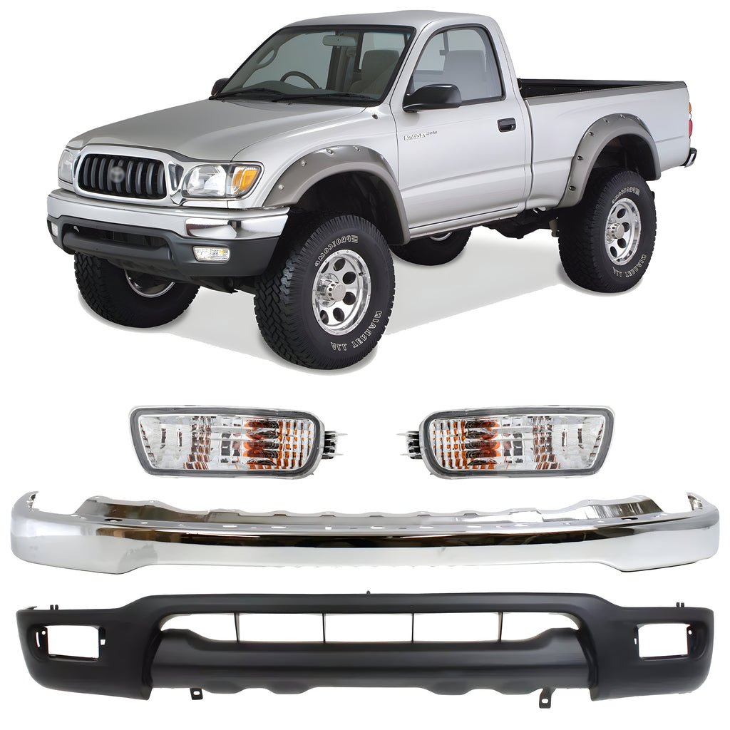 Front Bumper Chrome Steel & Turn Signal Lights Kit For 2001-2004 Toyota Tacoma