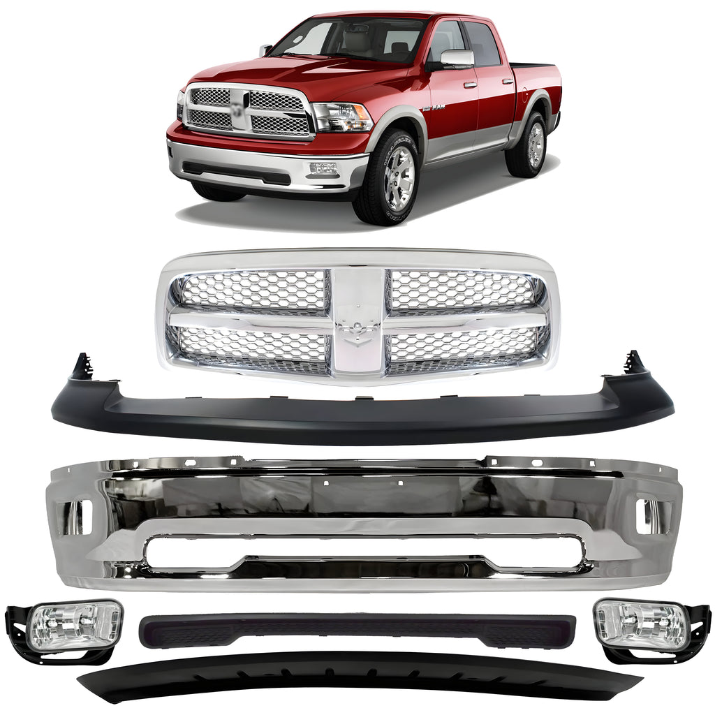 Front Bumper Chrome & Fog Lights Kit For 2009-2010 Dodge Ram 1500 & 2011-2012 Ram 1500