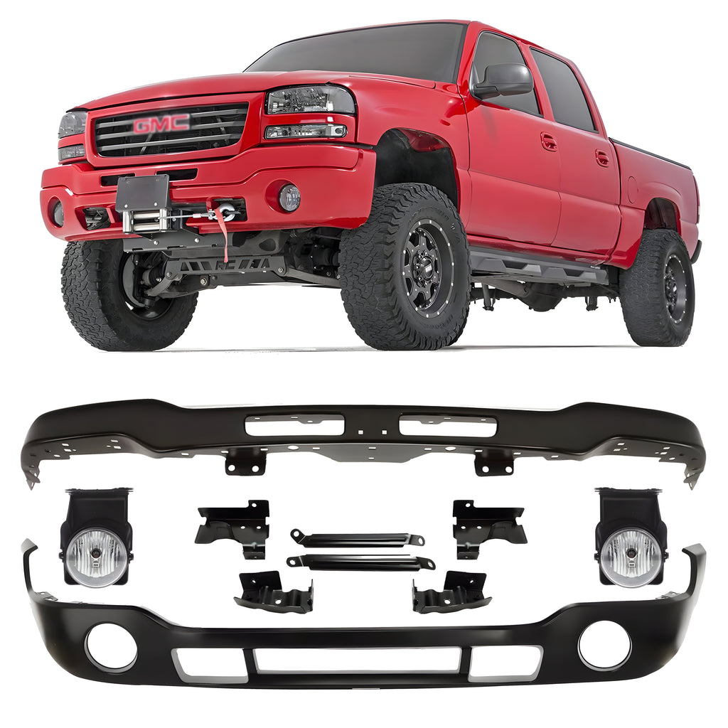 Front Bumper Primed & Fog Light Kit For 2003-2007 GMC Sierra 1500 2500 HD & 3500