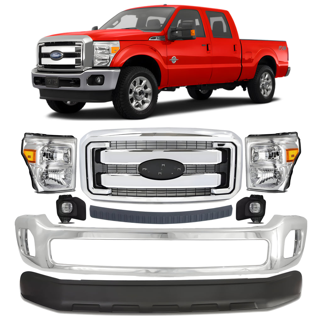 Front Bumper Chrome & Grille Assembly Kit For 2011-2016 Ford F-250 Super Duty and 350