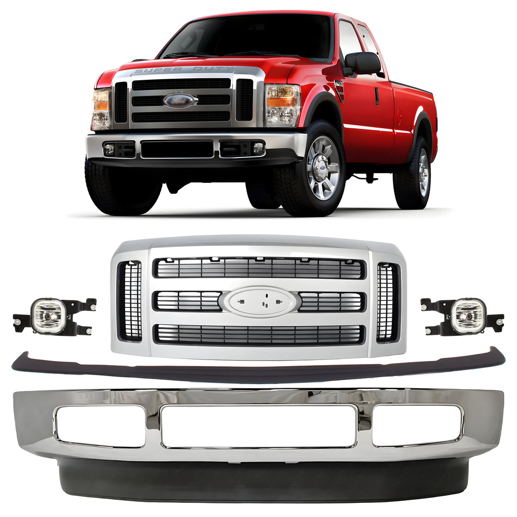 Front Bumper Chrome & Fog Lights Assembly Kit For 2008-2010 Ford F-250 Super Duty & F-350