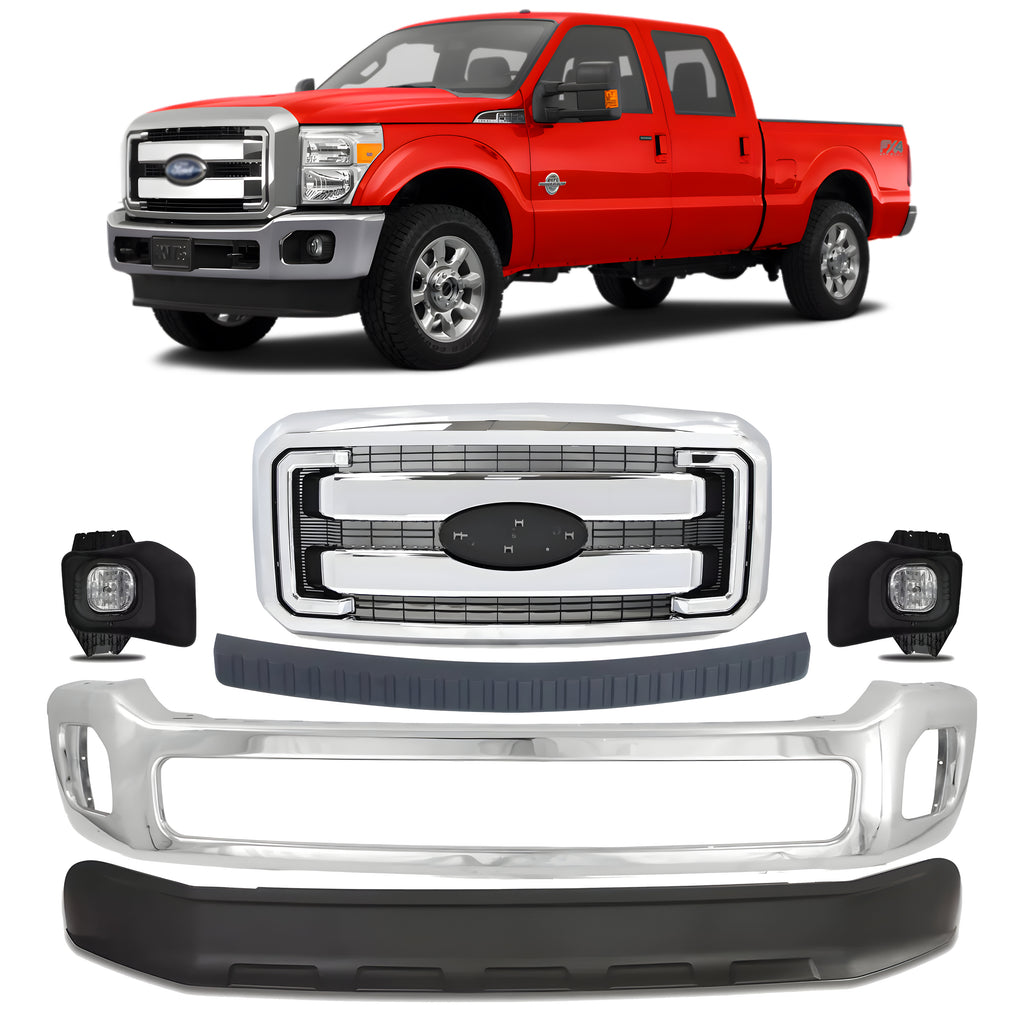 Front Bumper Chrome & Grille Assembly Kit For 2011-2016 Ford F-250 Super Duty and 350