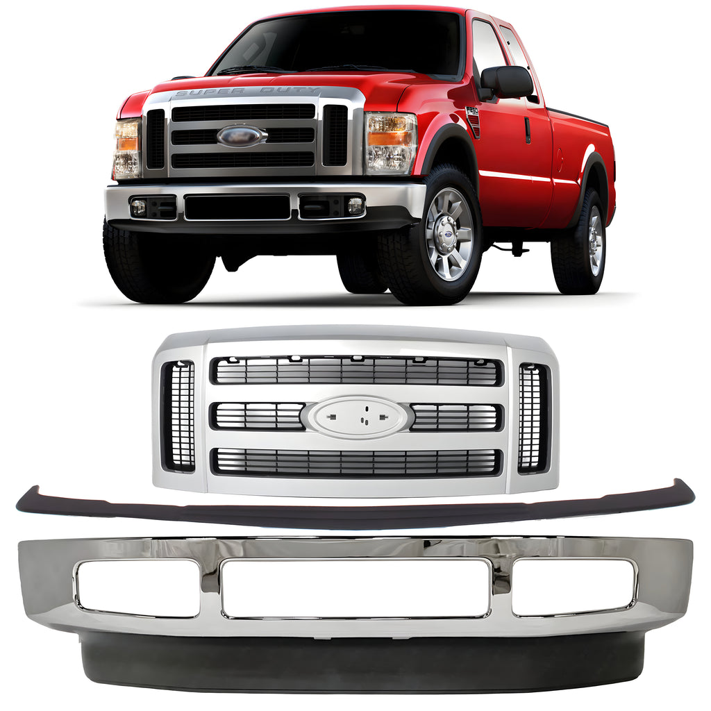 Front Bumper Chrome & Grille Assembly Kit For 2008-2010 Ford F-250 Super Duty & F-350 Super Duty