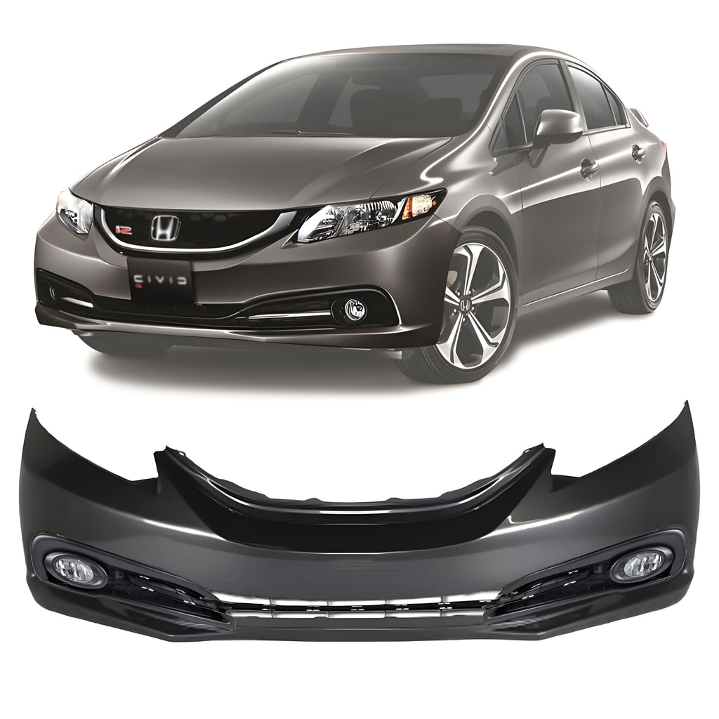 Front Bumper Cover Primed & Fog Lights Assembly Kit For 2013-2015 Honda Civic