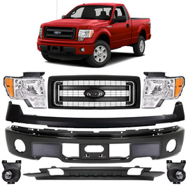 Replacement 2009–2014 Ford F-150 – 11-Piece Kit Front Grille Assembly Primed & Bumper Paintable, OEM Fit, Includes Grille, Headlights, Bumper Upper Cover, Bumper Face Bar, License Bracket, Bumper Trims, Valance & Fog Lights