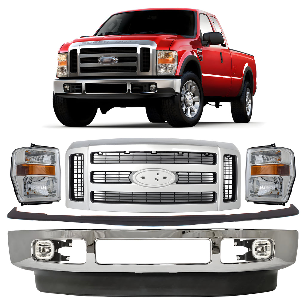 Front Bumper Chrome & Headlight Assembly Kit For 2008-2010 Ford F-250 Super Duty F-350 Super Duty