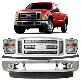 2008-2010 Ford F-250 Super Duty F-350 Super Duty Front Bumper Chrome & Headlight Assembly Kit | OEM Fit