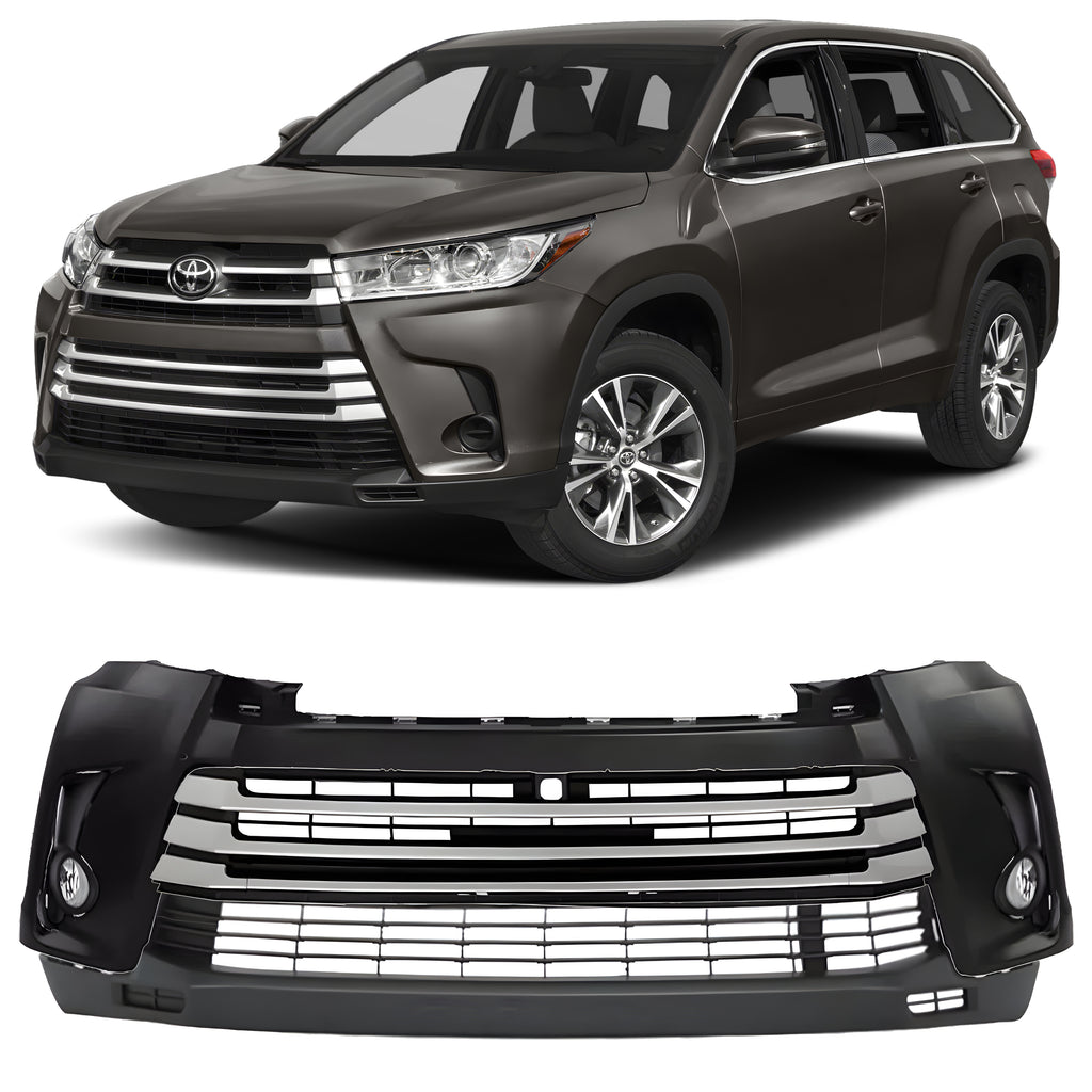 Front Bumper Cover Fascia Primed & Fog Lights Assembly Kit For 2017- 2019 Toyota Highlander