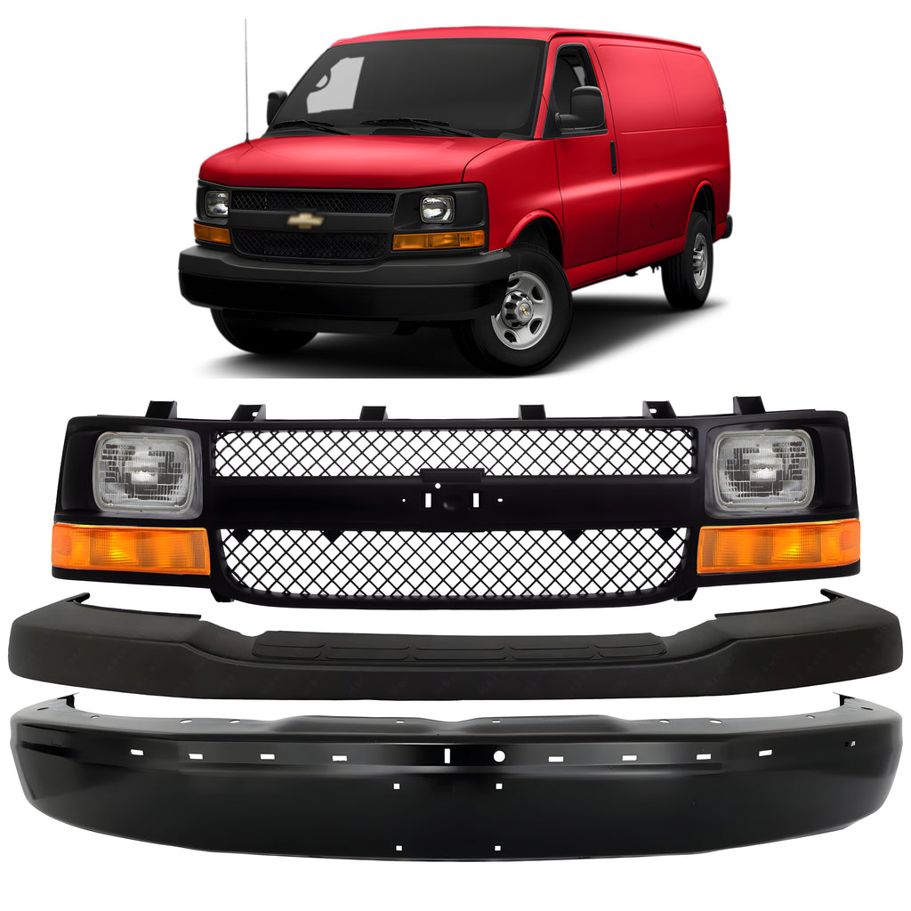 Front Bumper Primed & Grille Assembly Kit For 2003-2023 Chevrolet Express 1500 2500 3500 4500