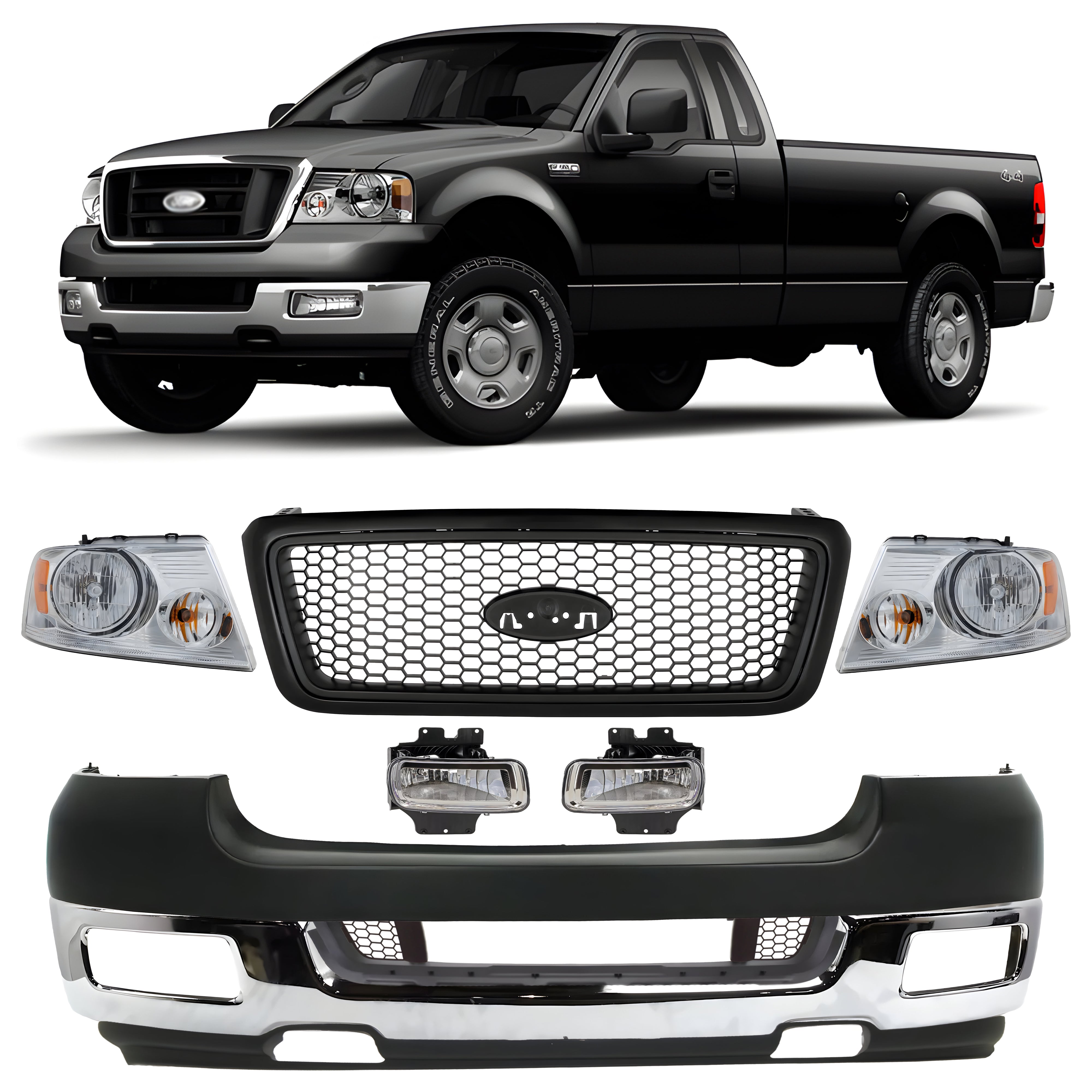 Replacement 2004–2005 Ford F-150 – 11-Piece Kit Front Bumper Chrome & Headlights Assembly, OEM Fit, Includes Grille, Headlights, Fog Lights, Bumper Cover, Grilles, Trim, Face Bar & Valance