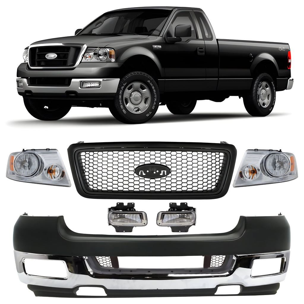 Front Bumper Chrome & Headlights Assembly Kit For 2004-2005 Ford F-150 Truck