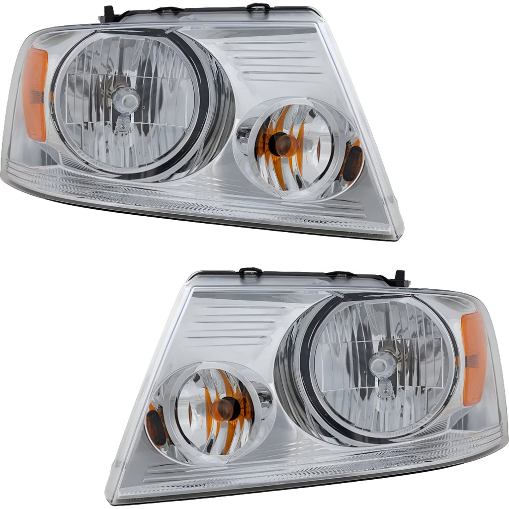 Front Headlights W/Bulbs Chrome For 2004-2005 Ford F-150 Truck